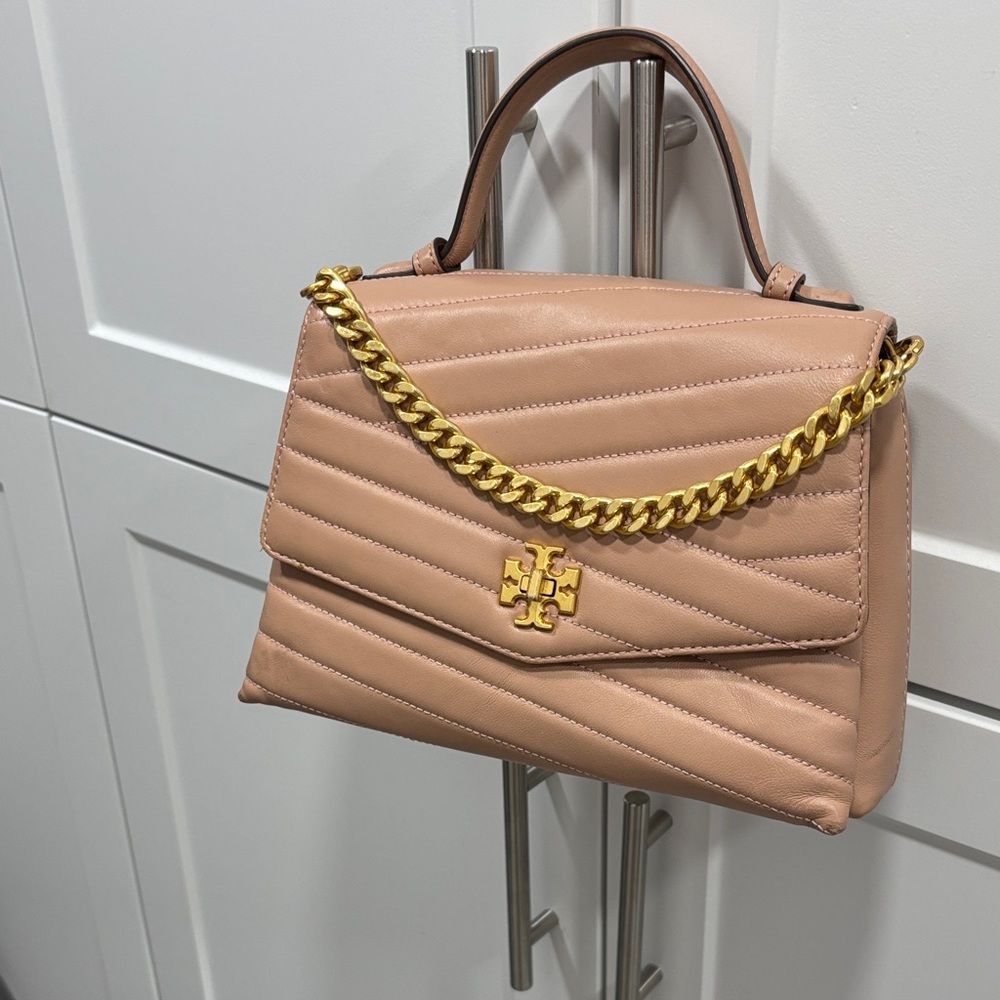 Tory Burch Beige Quilted Satchel with Gold Chain